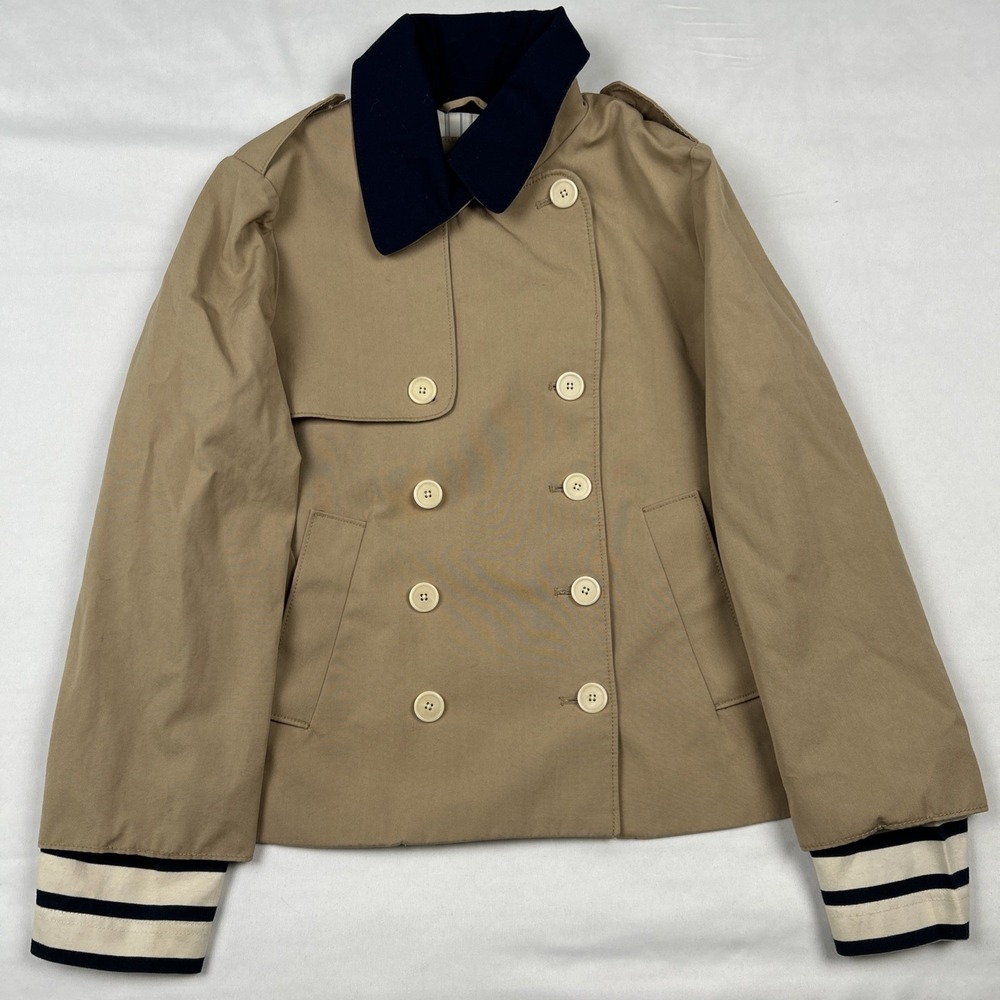 J.Crew Womens Sz 10 Beige Canvas Peacoat Double Breasted Jacket Removable Cuffs